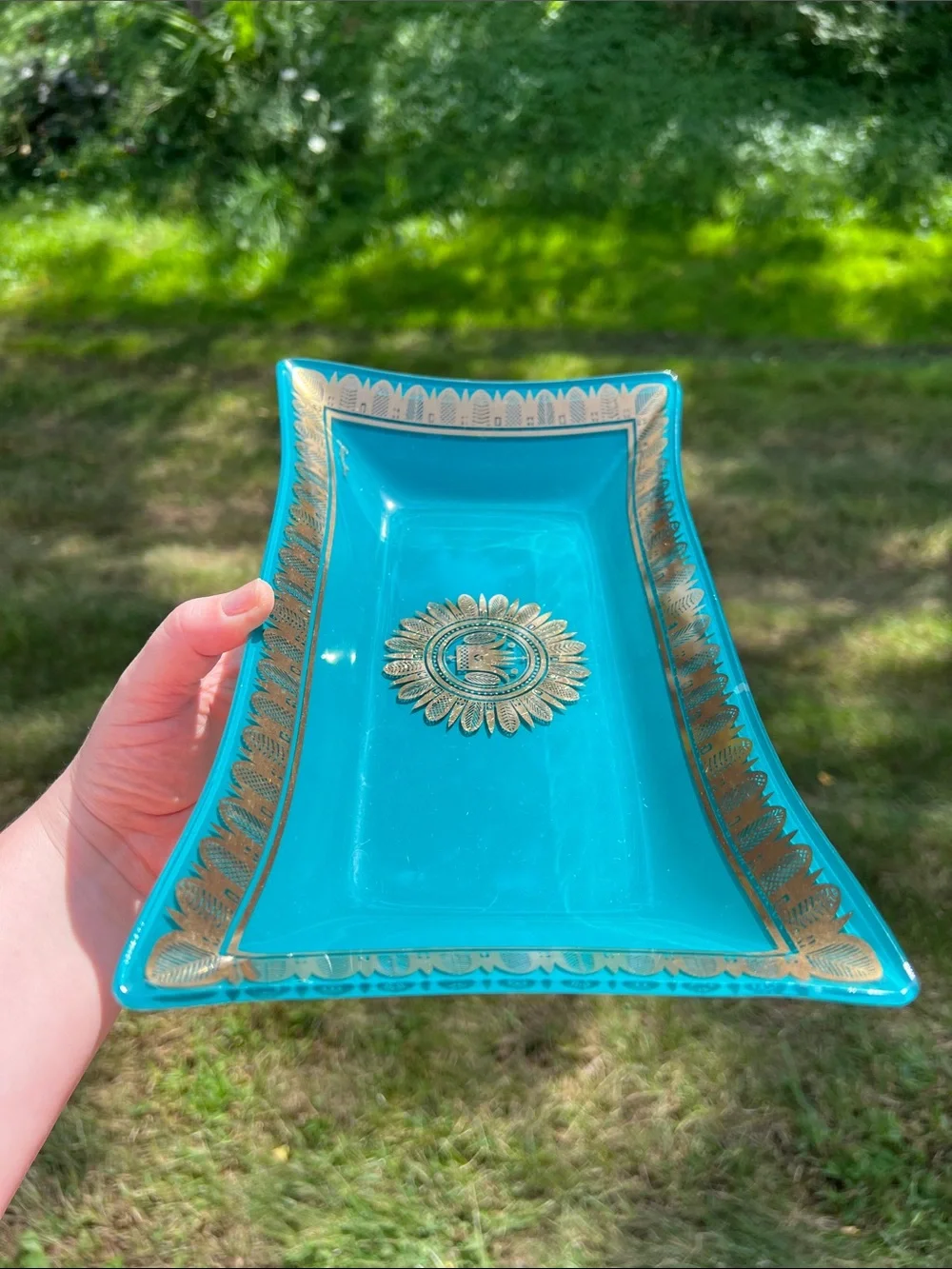 Vintage MCM George Briard Blue Teal Gold Glass Tray Hawaiian Crown Regalia